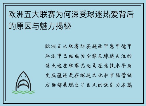 欧洲五大联赛为何深受球迷热爱背后的原因与魅力揭秘